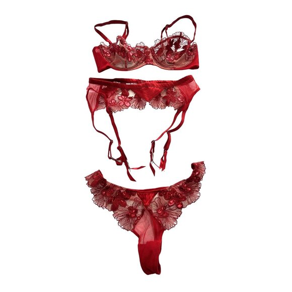 Fleur du Mal Violet Balconette Bra + Garter + Thong in Rouge - Picture 1 of 4